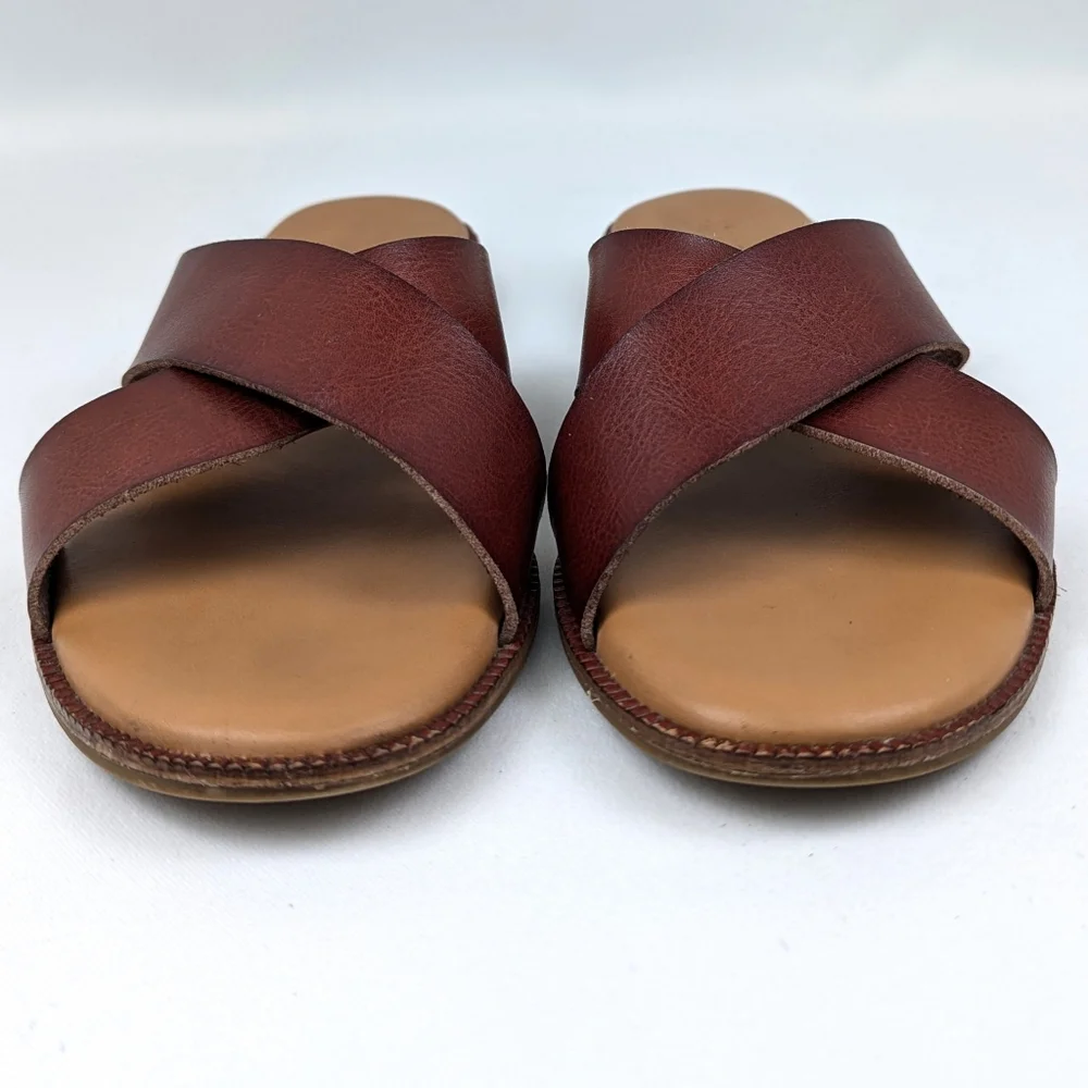 Cynthia Rowley Libra Sandals Wide Strap Criss Cross Vegan Boho Rustic Cognac 6.5